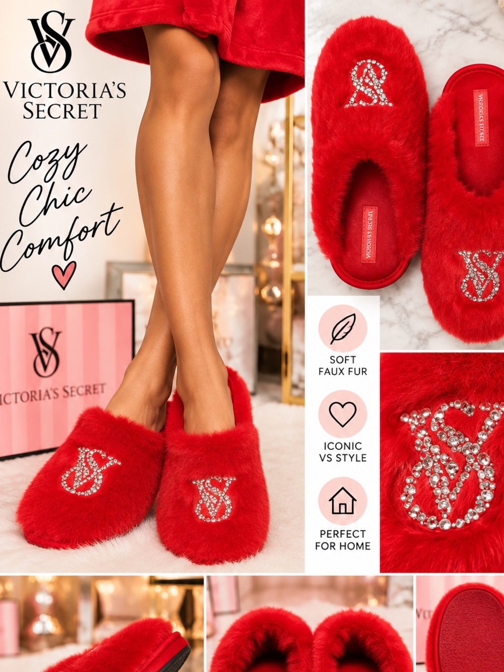 Victoria's Secret Red Faux Fur Slippers with Crystal VS Emblem